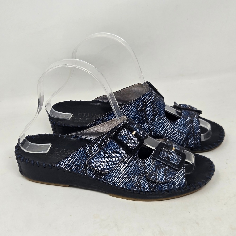 La Plume Blue Snakeskin Metallic Leather Buckle Slide Sandals Made in Italy 37